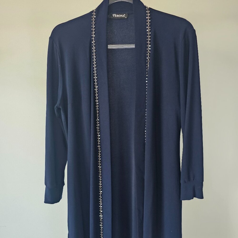 Moda VERONA Navy Stole-Like Long Sleeve Knit Sheath Overlay Dress Jacket w/Beads